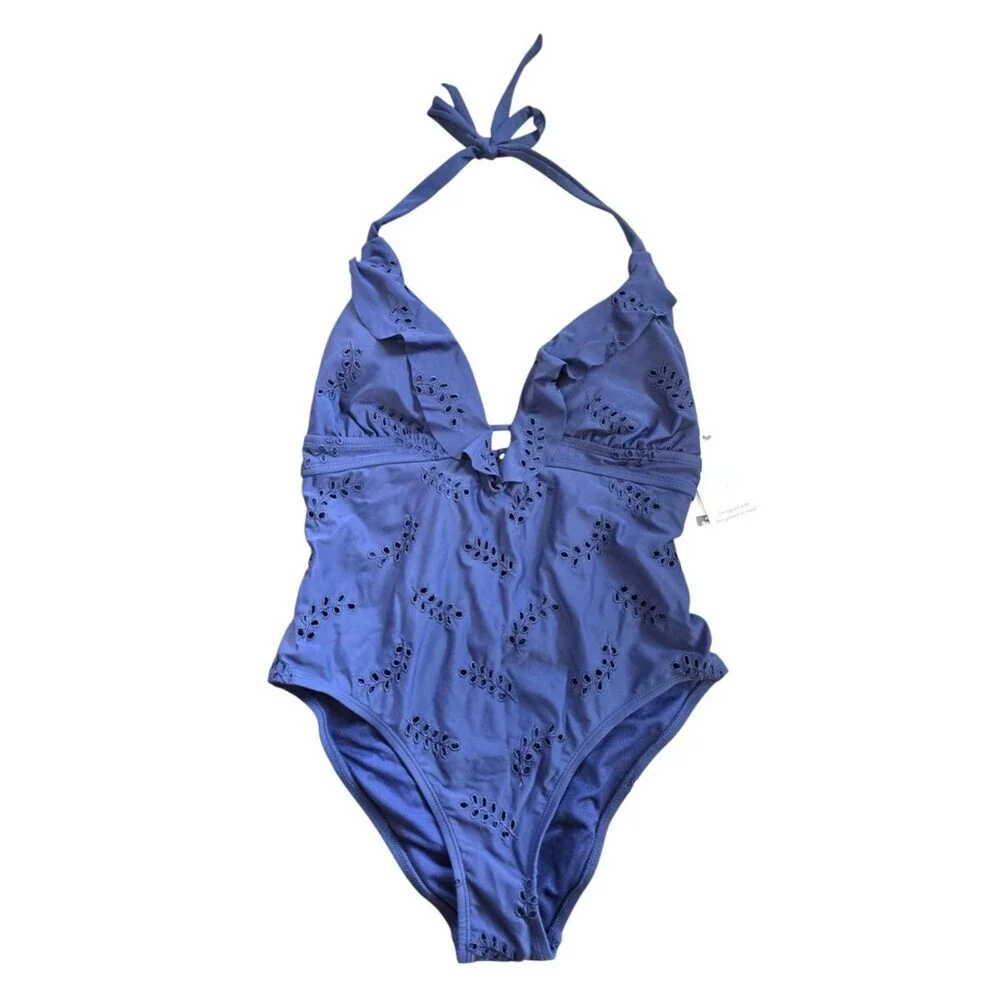 Time & True Women's Swimsuit Eyelet Floral One-Piece Halter Ruffle Blue Sz M NWT